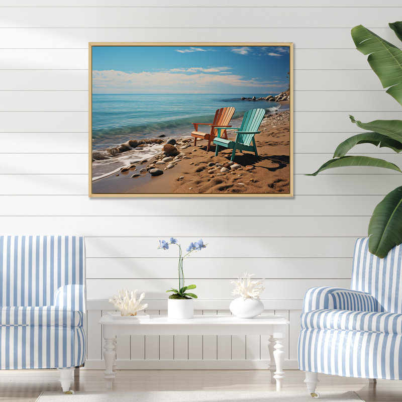Chaises de plage bleu sarcelle et orange sur toile, Cadre naturel flottant, H 34 po x l 44 po x P 1,5 po