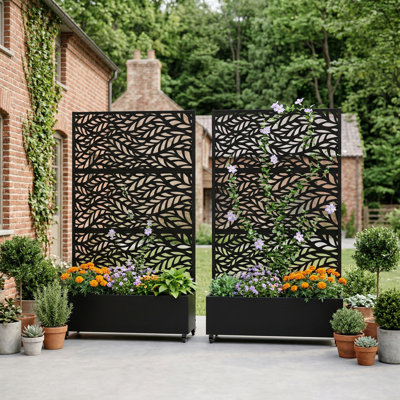 Metal Planter Box with Trellis with Wheels(Set of 2)
