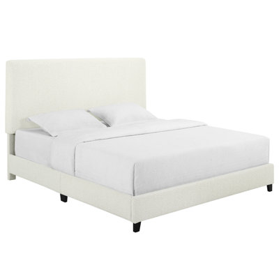 King Size Bedroom Platform Bed With White Boucle Upholstery - Comfortable Upholstered Foot Rail In