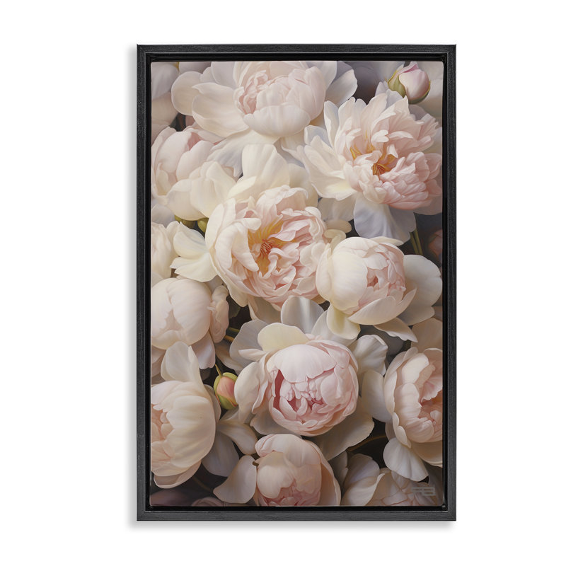 Fleurs flottantes avec pivoines roses encadrées par Roozbeh Bahramali, H 25 po x l 17 po, Cadre flottant noir de jais