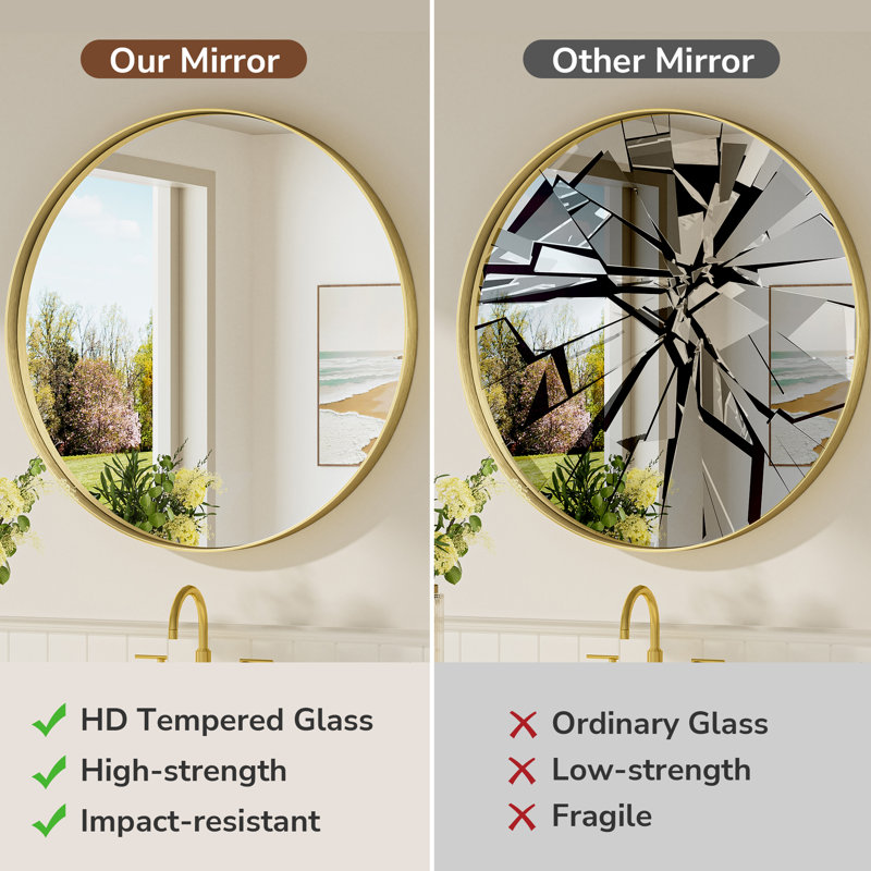 Valancia Round Bathroom Mirror with Aluminum Frame, Tempered Glass, Gold, 24" x 24"