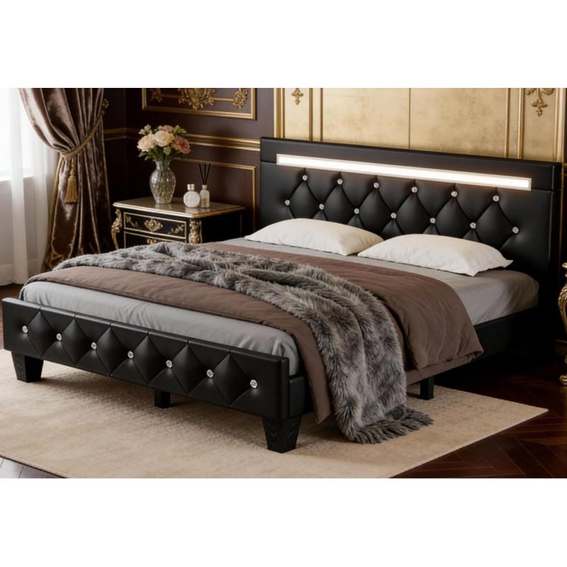 Queen Size Bed Frame With Led Light, Faux Leather Upholstered Platform Bed With Handcrafted Crystal Button Adjustable Headboard