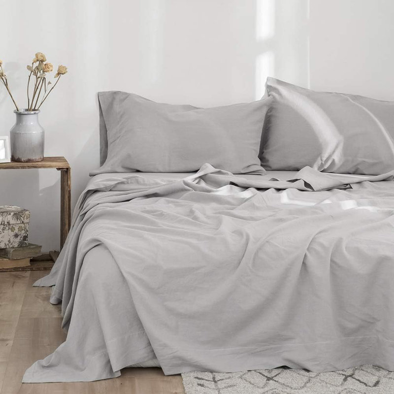 Belgian Linen Sheet Set Solid Color Natural Flax Cotton Blend Soft Breathable Farmhouse Bedding, Gray