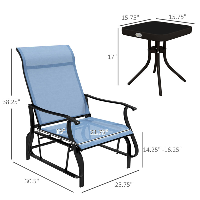 Blue 3 chaises d'extérieur. Structure en acier et table en verre trempé pour patio, jardin, cour. Glissement en douceur. Confortable avec dossier haut. Cadre. Assemblage l 26,28 po x P 30,5 po. H 39,23 po.