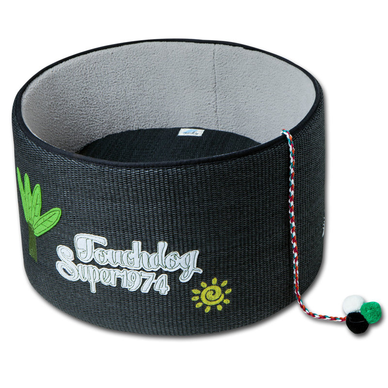 Black Round Wool Cat Bed with Teaser Toy