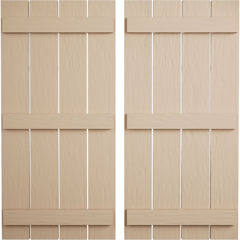 Volets rustiques en faux bois à quatre planches espacées (par paire), Texture sciée brute / brun clair apprêté, 23"