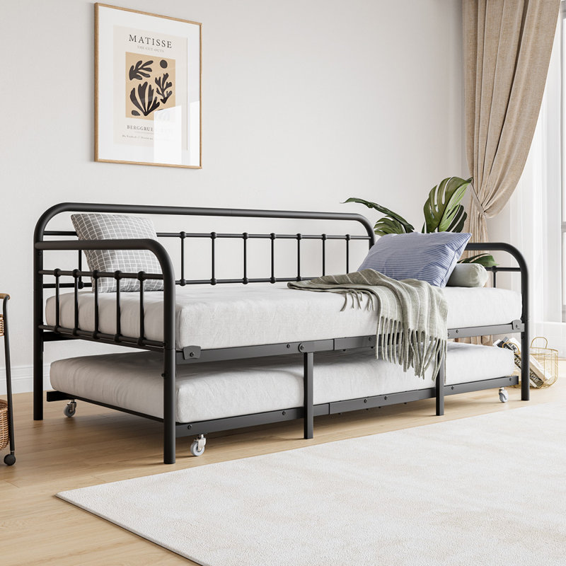 Twin Size Metal Daybed with Trundle, Heavy Duty Steel Slat Sofa Bed Frame with Headboard, No Box Spring, Black