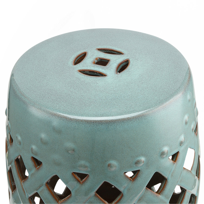 Tabouret de jardin 13 po x 18 po en céramique avec motif en treillis tissé et table de bout décorative en matériaux forts émaillés, bleu antique