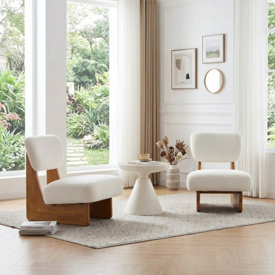 Modern Minimalist Lounge Chair with Beige Polyester Upholstery and Natural Wood Base (Set of 2)
