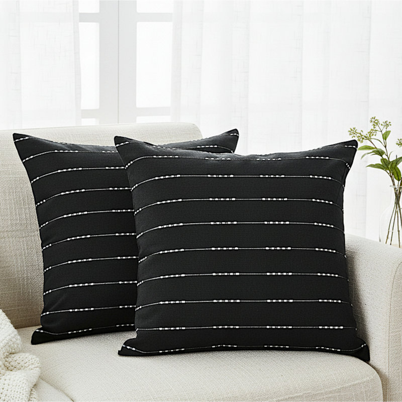 Striped Throw Pillow, Cotton Cushion With Woven Stripes, 18"H x 18"W, Black, Polyester