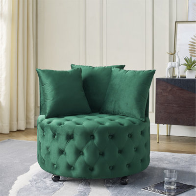 Chaise pivotante rembourrée en velours pour le salon, avec capitonnage à boutons et roues mobiles, comprenant 3 coussins, vert