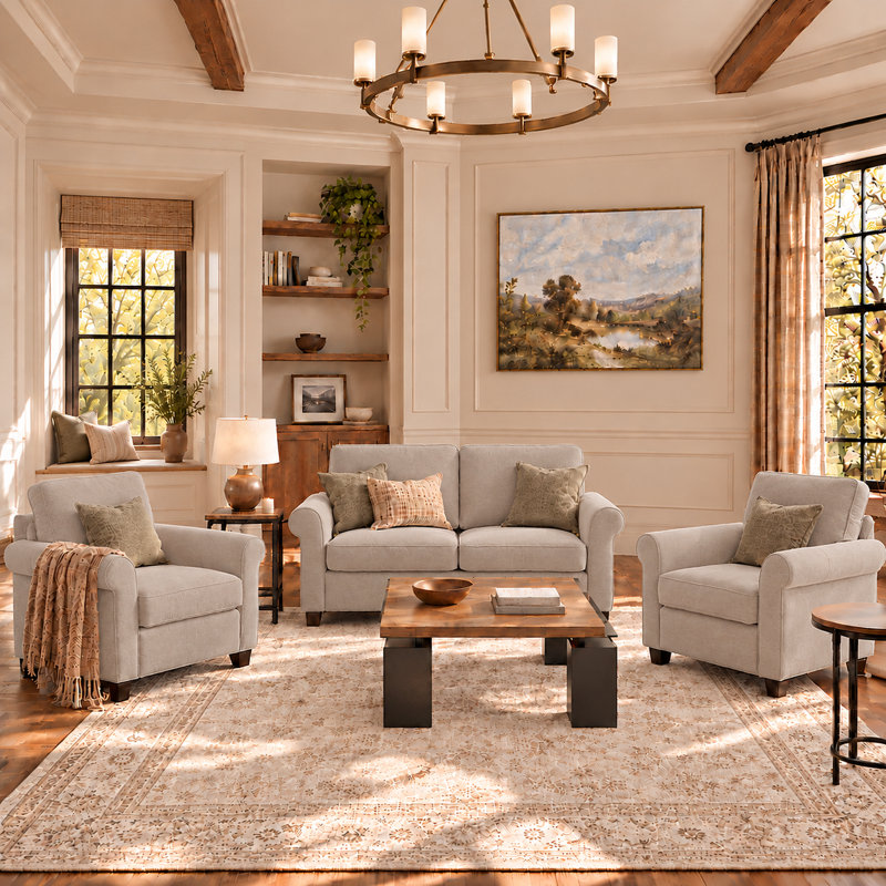 3 Piece Loveseat Living Room Set, Kaki