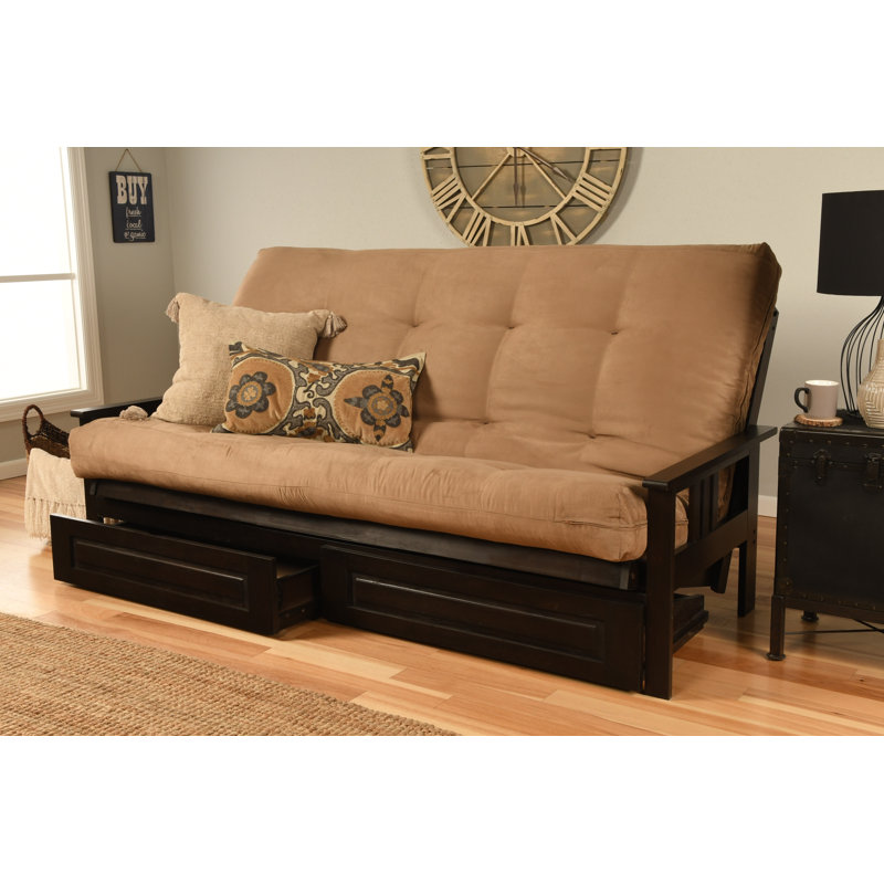 Stratford 86" Queen Futon and Mattress with Drawer set, Peat Microsuede, Espresso, Premium Pocket Coil