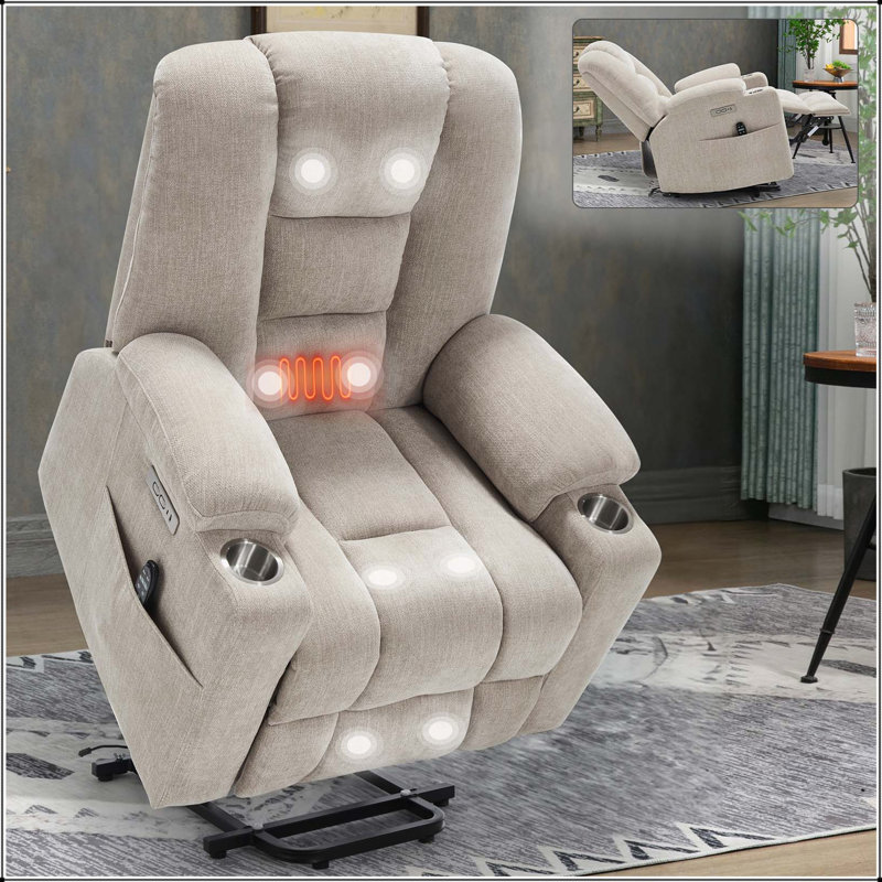 Power Lift Recliner Chair with Massage and Heat for Elderly, Overstuffed Wide Recliners, Heavy Duty Motion Mechanism with USB and Type C Ports, 2 Steel Cup Holders