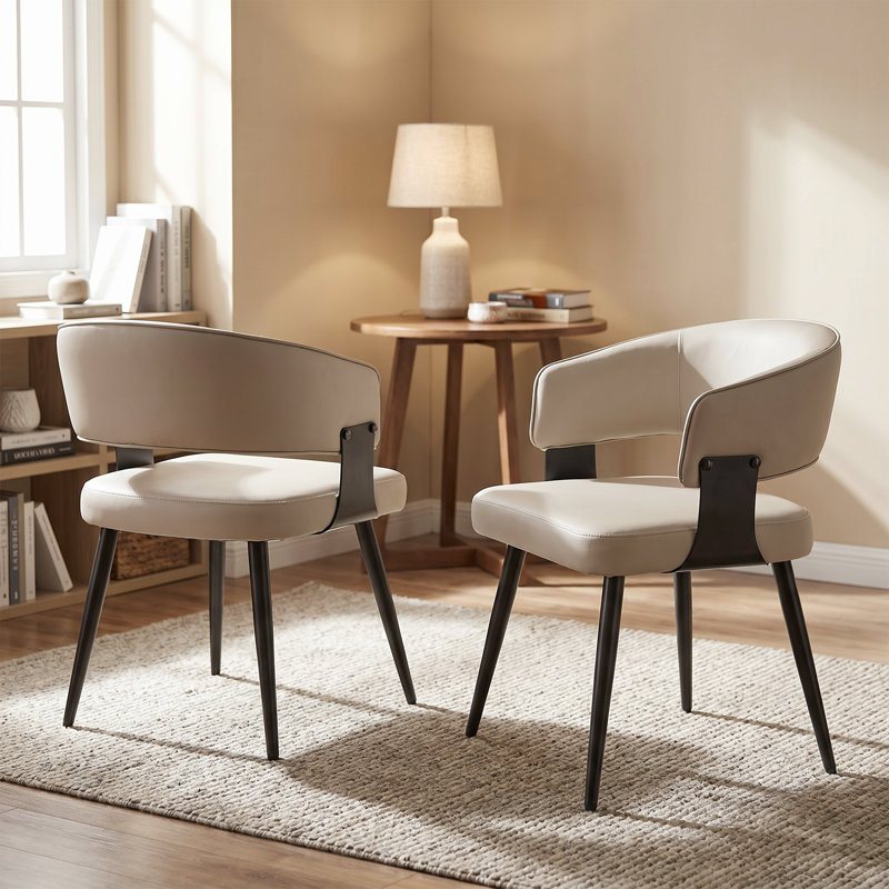 Mid-Century Modern Dining Chairs, Faux Leather Upholstered with Arms, Water-Resistant and Metal Legs, Gray, 2