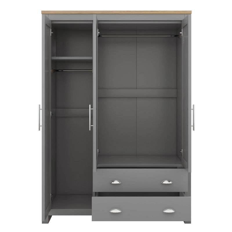 Armoire-penderie 3 portes avec 2 tiroirs, armoire en bois H 67,9 "avec 2 tringles et tablettes