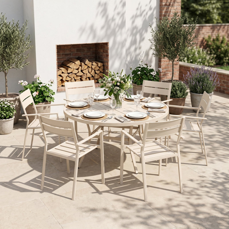 6-Person Round Patio Dining Set With Stackable Chairs, Brush Wood Brown/Black