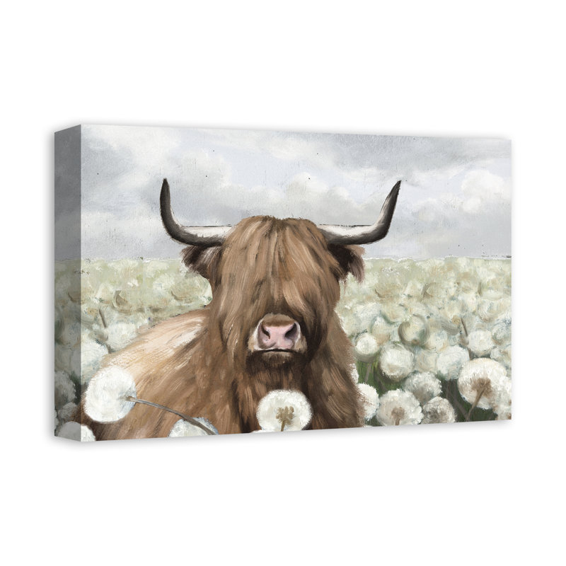 Impression sur toile Highland Cow and Dandelions, H 12 po x l 18 po