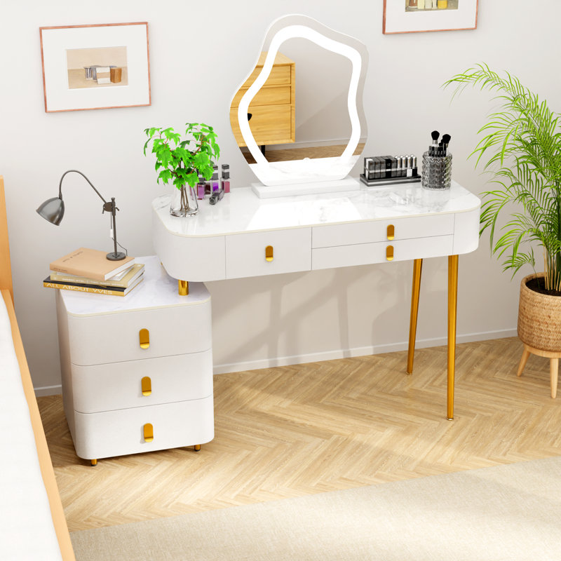Coiffeuse de maquillage, coiffeuse avec miroir lumineux, gradation à écran tactile 3 couleurs, commode de chambre à coucher pour meubles de chambre à coucher