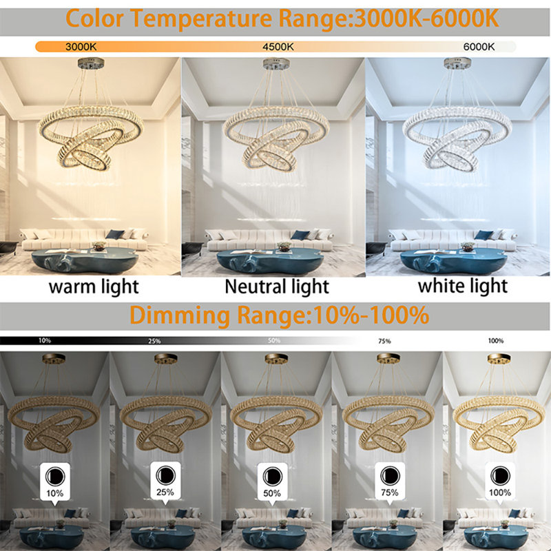 Noritoshi 32"+24"+16" 3 Rings Big Crystal Chandeliers LED Dimmable 3000-6000K