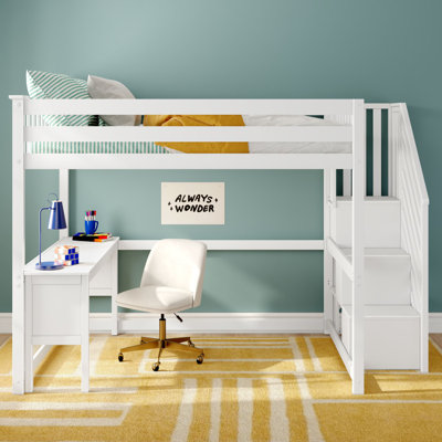Lit mezzanine double classique + bureau + escalier, blanc