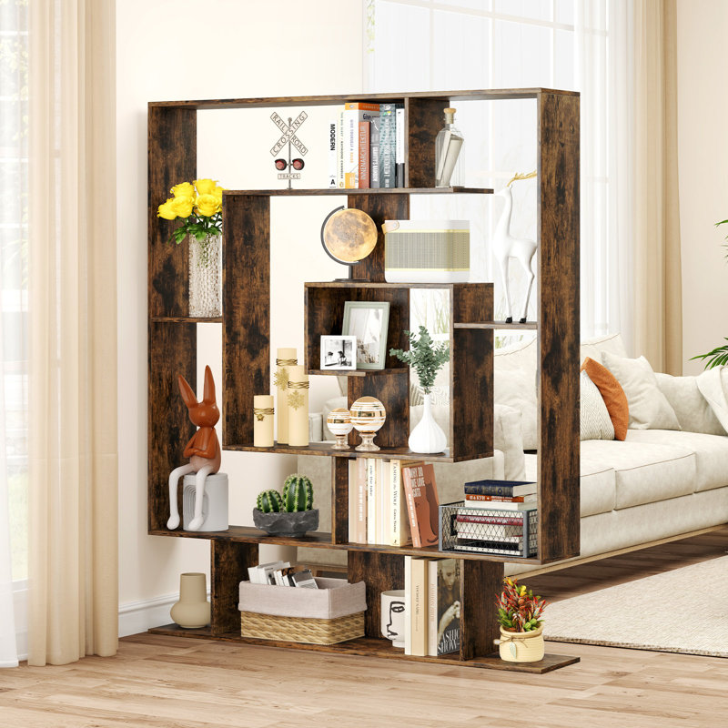 7-tier Bookshelf Geometric Bookcase With 2 Anti-tipping Kits Rustic Brown