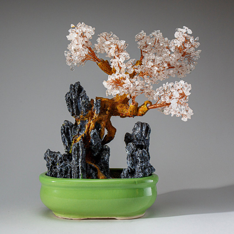 Genuine Quartz Gemstone Bonsai Tree in Oval Ceramic Pot (12")
