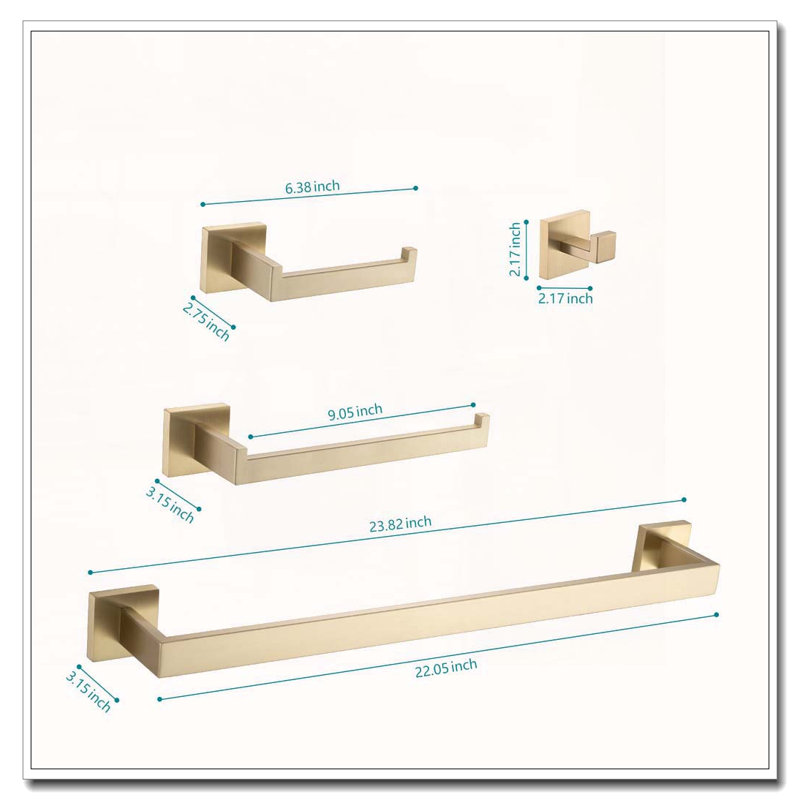 4-Piece Bathroom Hardware Set with Hidden Mounting & Rust-Resistant Finish, Brushed Gold