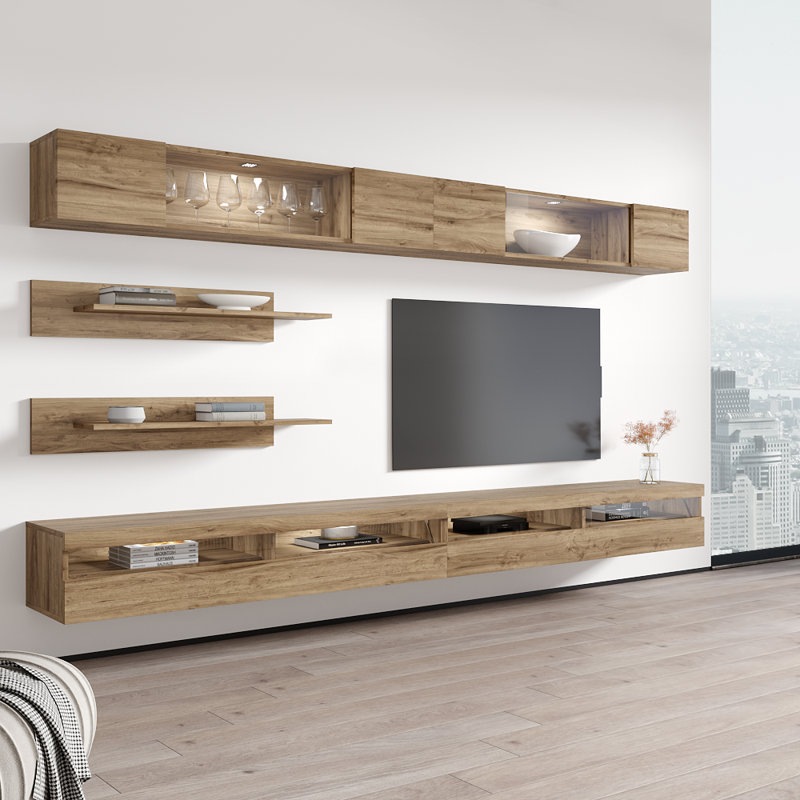 Bergenia 126" Modern Floating Wall Mounted Entertainment Center with 16-Color LED Lighting, High Gloss Finish, Oak