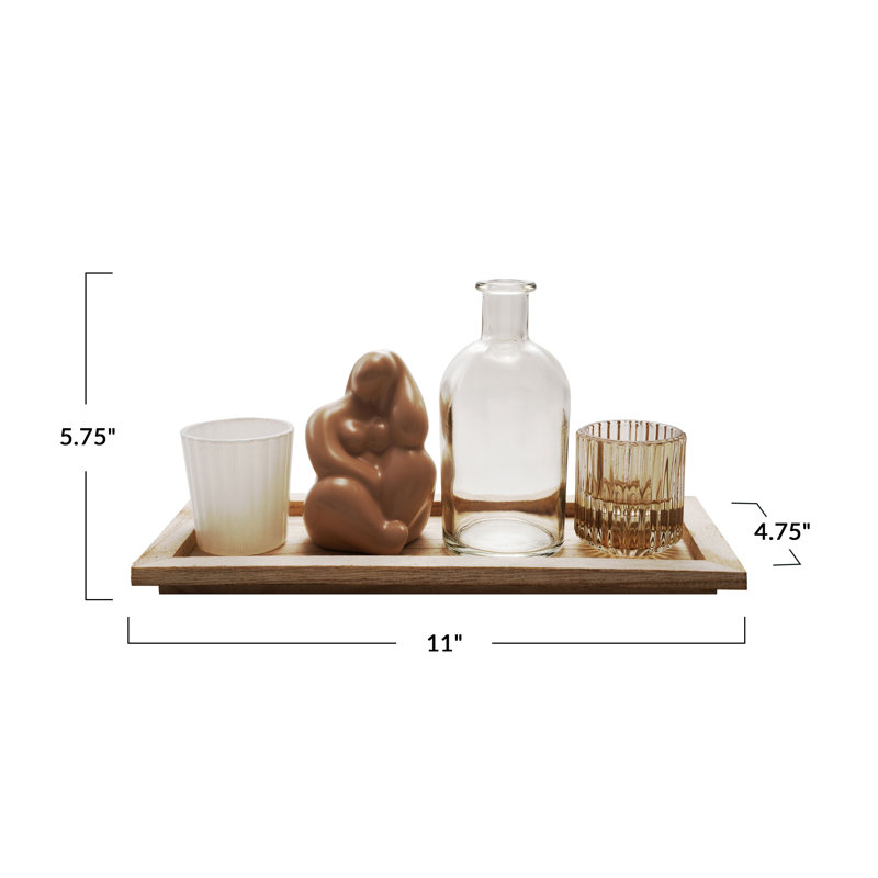 2 Glass Tealight/Votive Holders, 1 Vase And 1 Ceramic Figure On A Paulownia Wood Tray