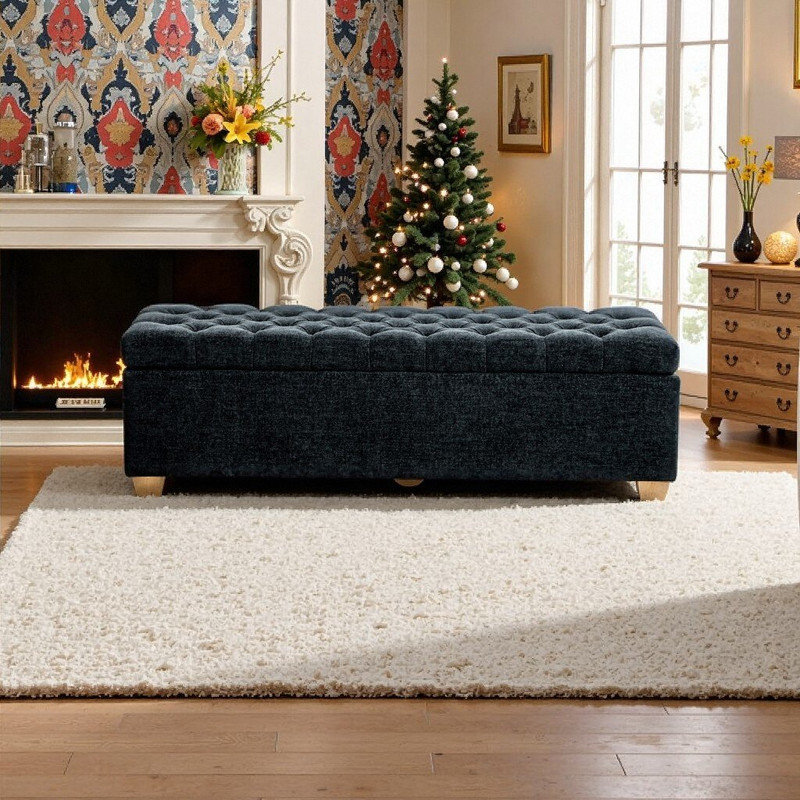 Banc de rangement en chenille, repose-pieds capitonné avec pieds en bois massif, Noir