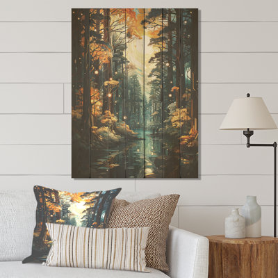 Moonlight River Retreat Into The Forest V - Forest And River On Wood Print