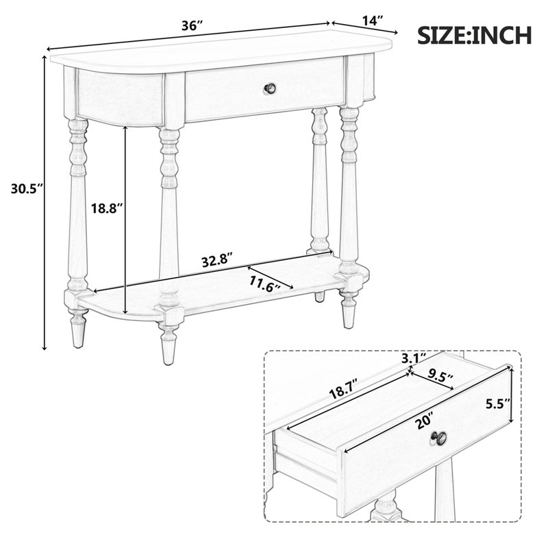 Narrow Console Table with Curved Corner, Retro Entryway Table with Top Drawer and Open Shelf, Sofa Table Console Tables for Entryway, Hallway and Living Room