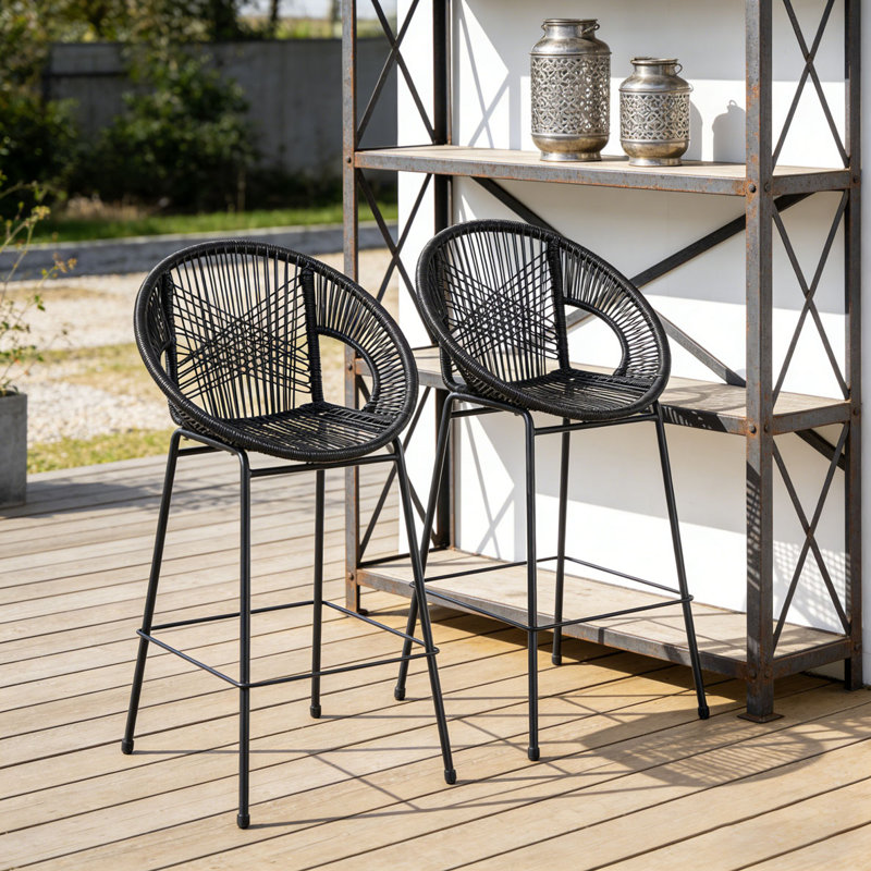 Ensemble de tabourets de bar d'extérieur en faux osier noir, Noir