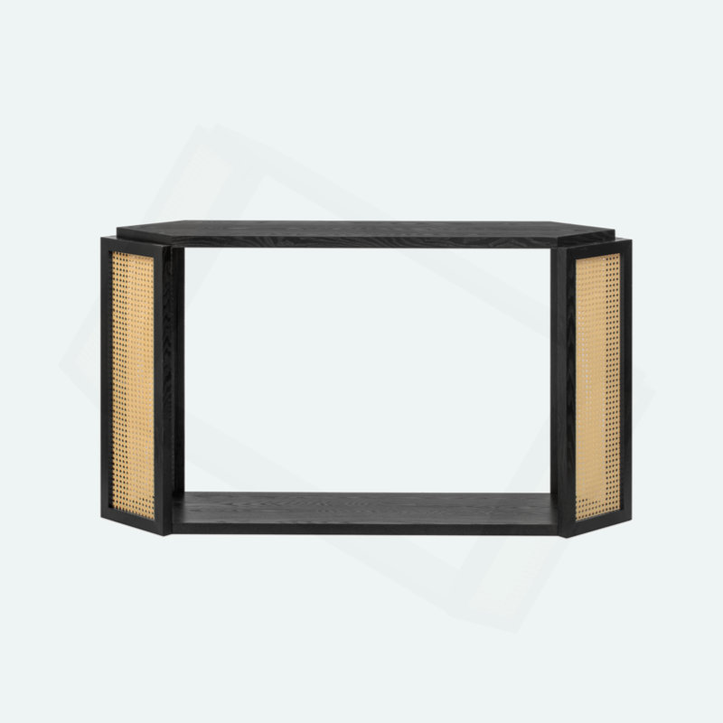 Narrow Console Table With Unique Irregular Top Design, Entryway Table With Open Shelf, Rattan Sofa Table For Living Room Hallway And Entrance