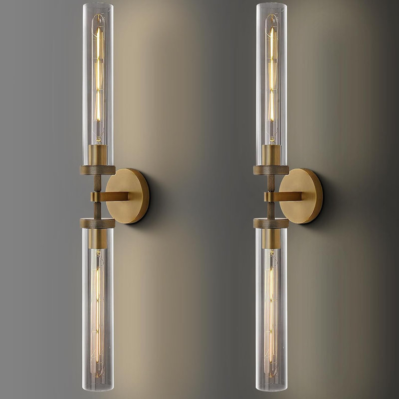 2-Lights 30" Knurled Texture Indoor Wall Sconces with Clear Glass (Bulbs Include) (Set of 2), Brass
