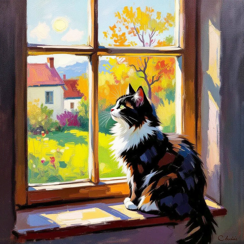Après-midi: Chat à la fenêtre, toile tendue, H 20 po x l 20 po