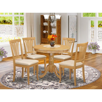 Ensemble de table de cuisine 5 pièces pour 4 personnes comprenant une table ronde avec piédestal et 4 chaises de salle à manger en tissu de lin, 36 x 36 pouces, chêne