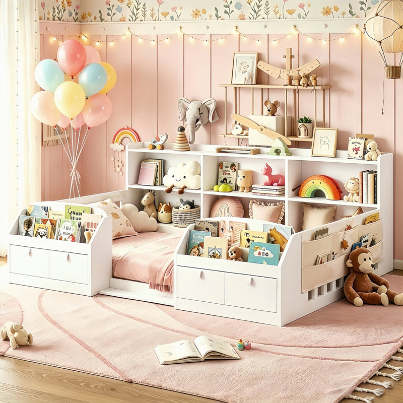 Montessori Floor Bed with Bookcase & Guardrails Storage Kids Grounded Bed, Mother & Child Low-Profile Bed, White, Twin