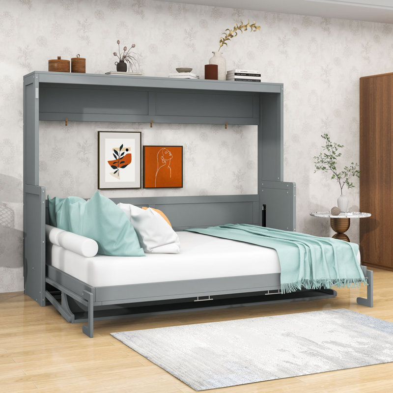 Lit escamotable en bois avec tablettes, gris, Grand