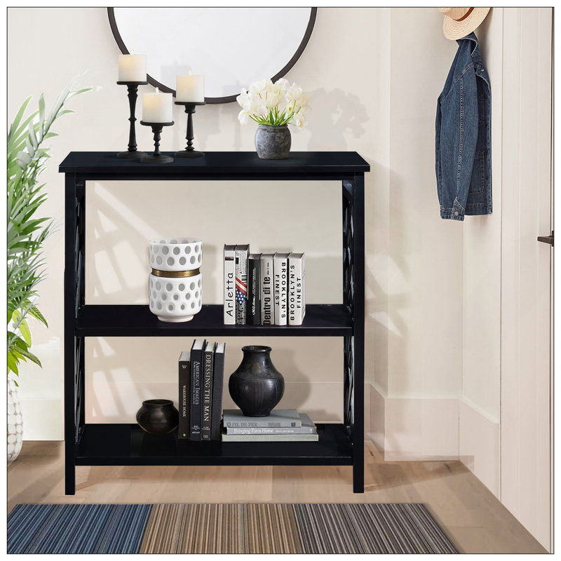 Console à 3 niveaux avec tablettes de rangement, bibliothèque ouverte avec pieds en bois massif pour le couloir, le salon et la chambre à coucher. Noir