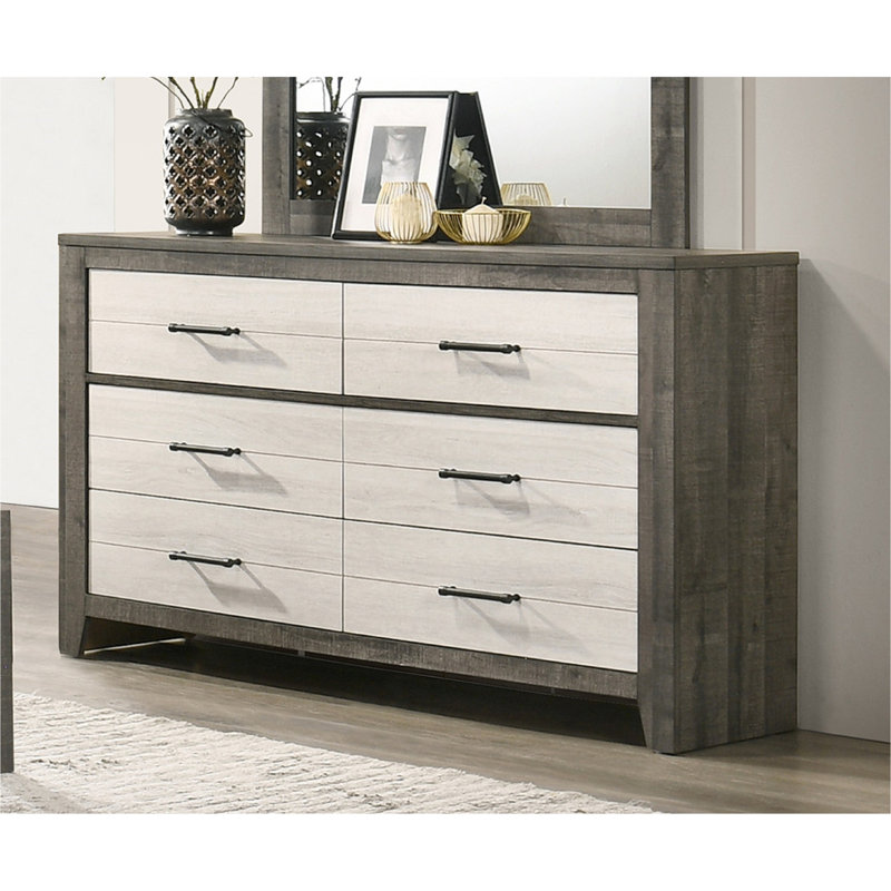 Commode 6 tiroirs bicolore grise et beige 1pc avec poignées en métal pour un rangement pratique au chevet