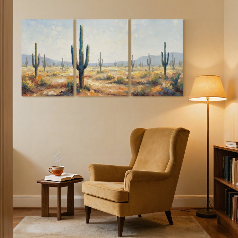 Plantes et fleurs, paysage désertique avec cactus et montagnes, ensemble de 3 impressions sur toile, H 36 po x l 72 po