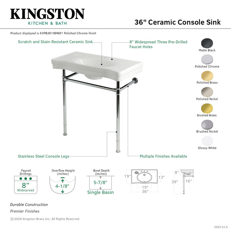 Kingston Brass Imperial 36-Inch Ceramic Console Sink with Stainless Steel Legs (8-Inch, 3-Hole), Black, Polished Chrome