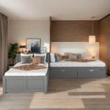 117.6" W L-Shaped Platform Bed With Trundle And Drawers, Linked With Built-In Desk, Twin, Grey