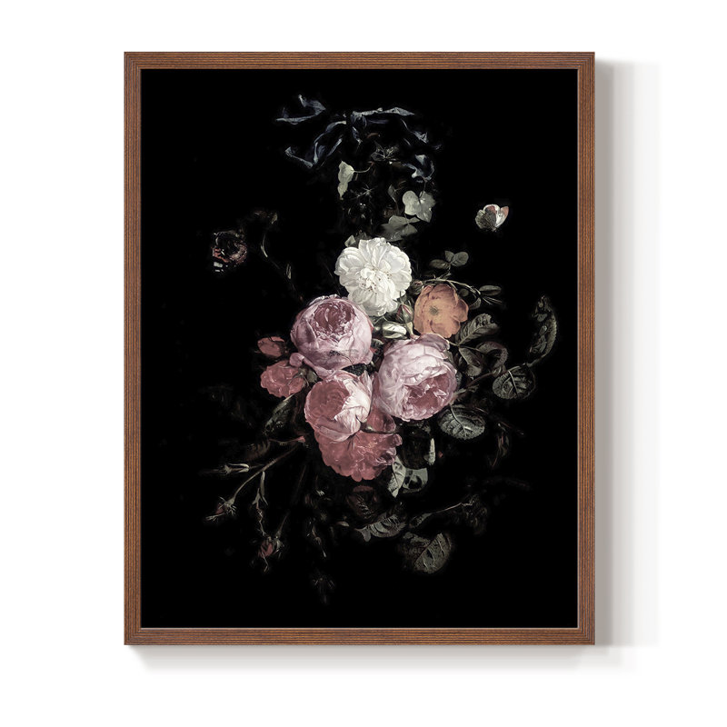Reproduction florale rétro encadrée XCV - bois massif, H 30 po x l 24 po, Noyer
