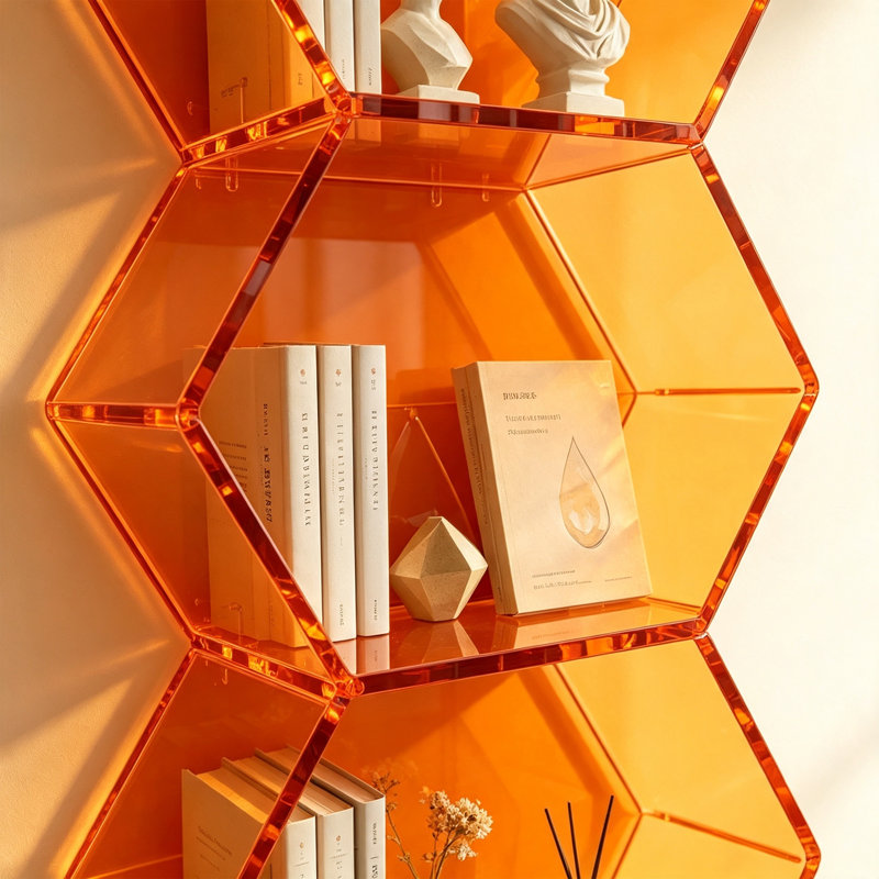 Bibliothèque orange hexagonale en acrylique, H 59,06 po x l 19,69 po x P 9,84 po
