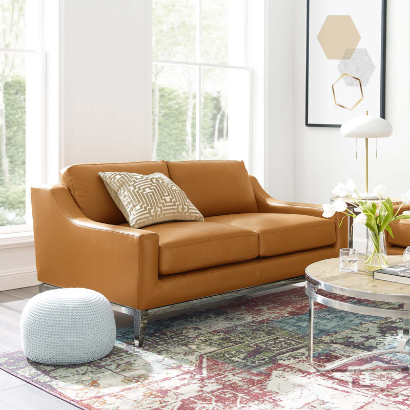 Strick & Bolton Hollebon Stainless Steel/ Leather Loveseat by Modway, Tan Genuine Leather