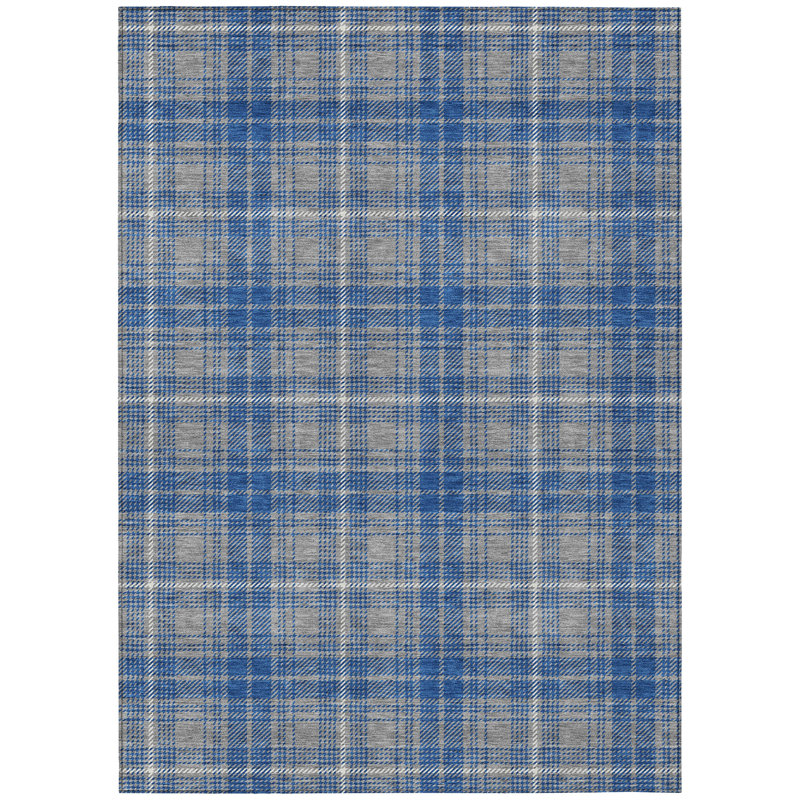 Gray and Blue Plaid Machine Washable Synthetic Rug