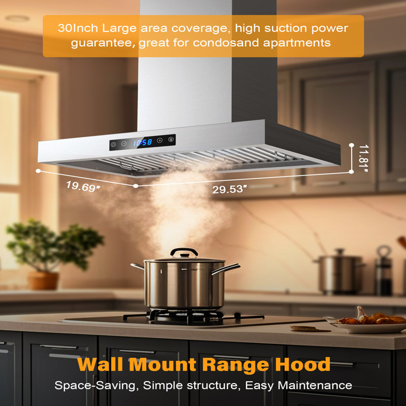 Hotte de cuisine murale à 4 vitesses avec contrôle tactile et capteur de mouvements en acier inoxydable avec 2 lumières DEL